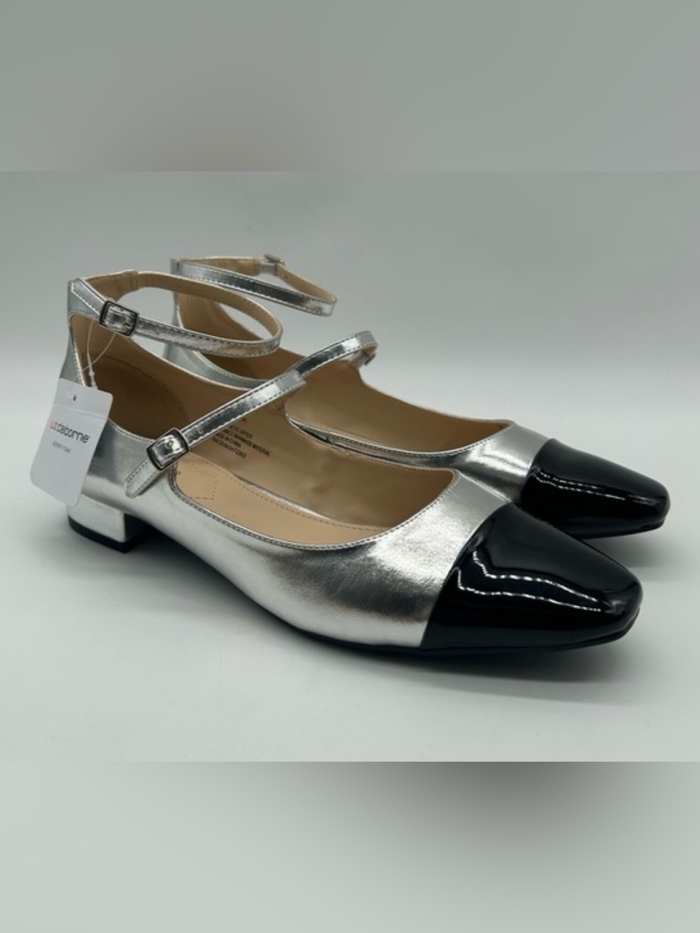Liz Claiborne Silver and Black Double-Strap Mary Jane Flats